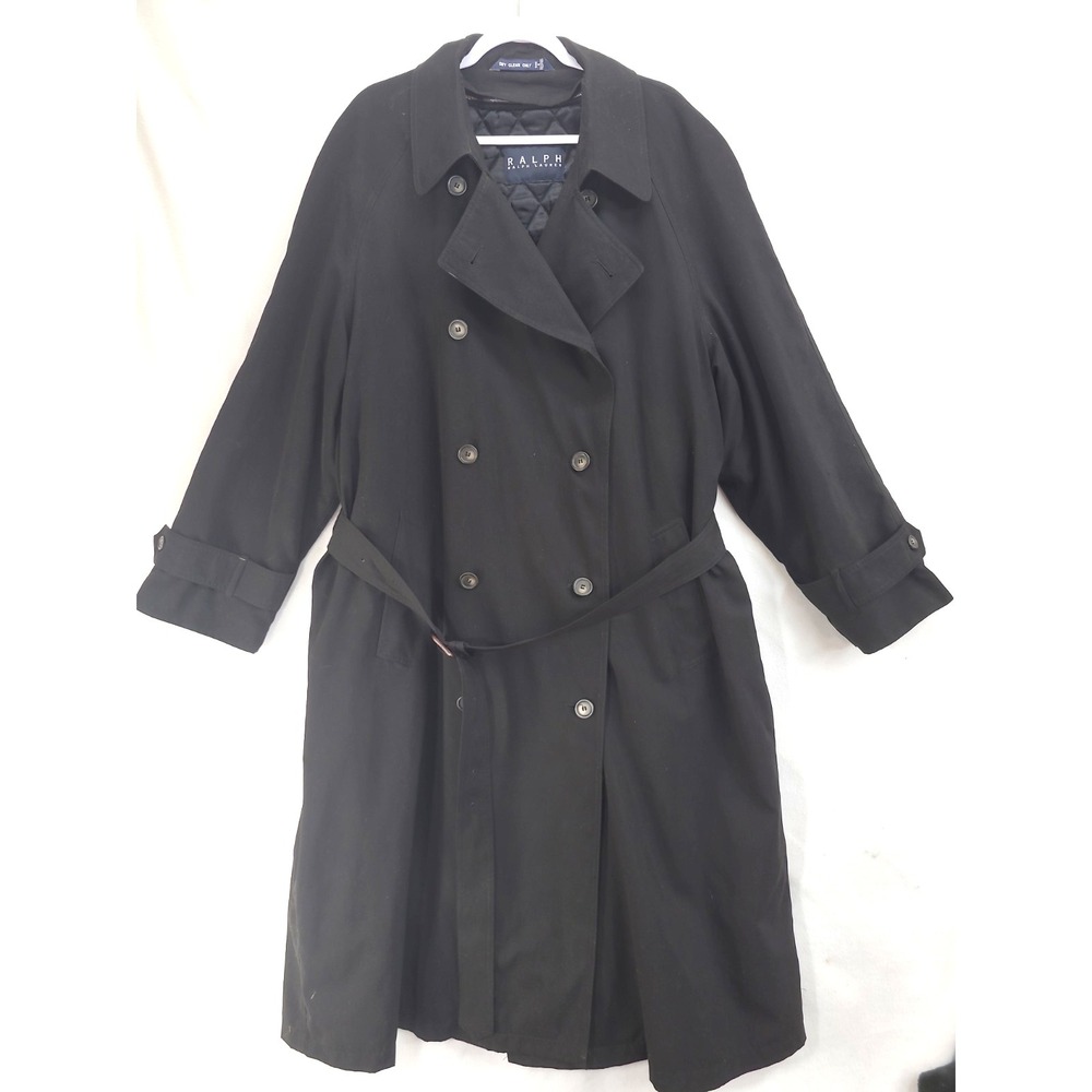Ralph Ralph Lauren Black Trench Coat 46L Double Breasted Quilted Zip Out‎ Liner